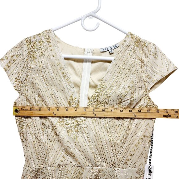 Sequin Womens Embellished Cream & Gold Short Sleeve Romper By Story On - Size S - Picture 9 of 11
